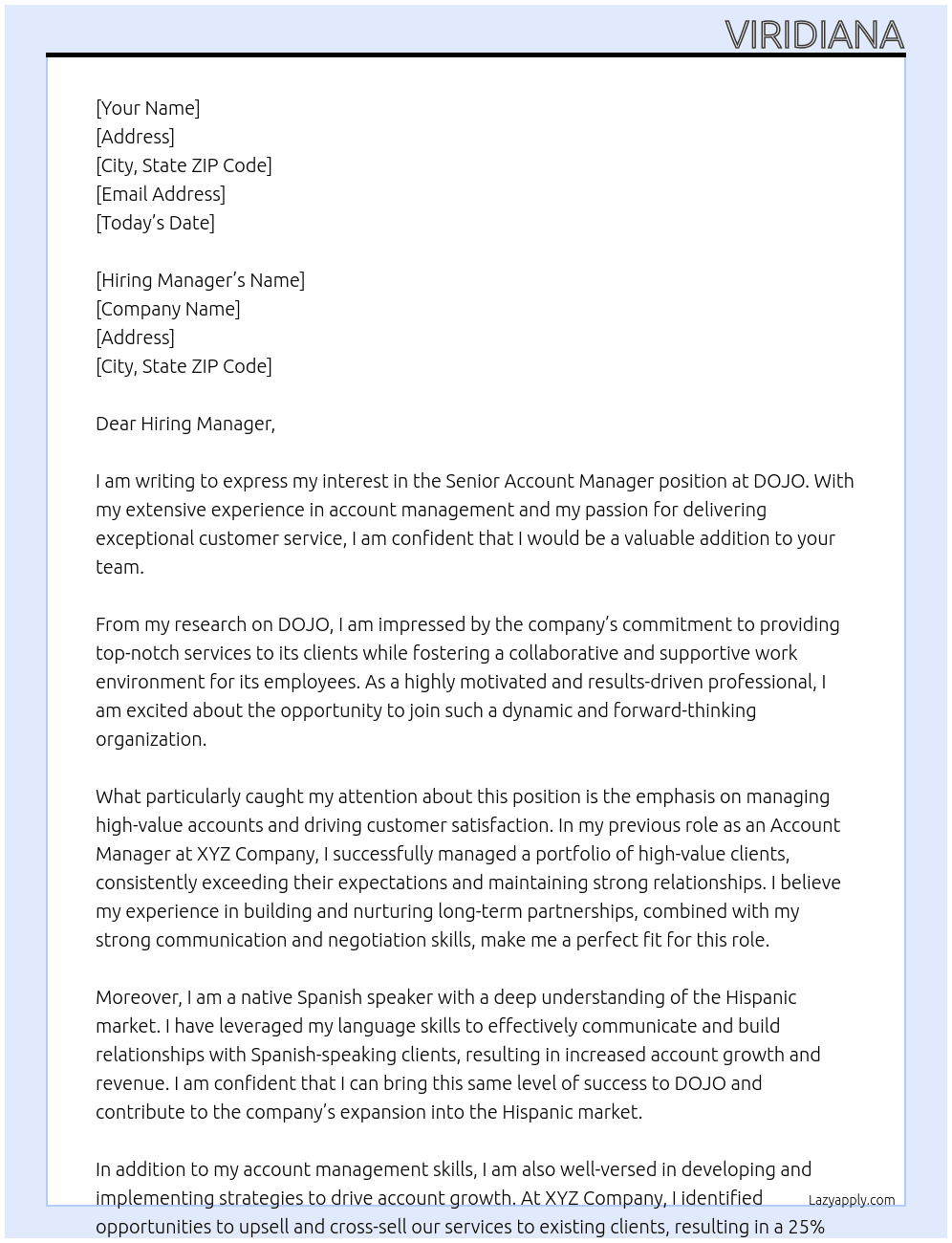 Senior account manager At DOJO Cover Letter