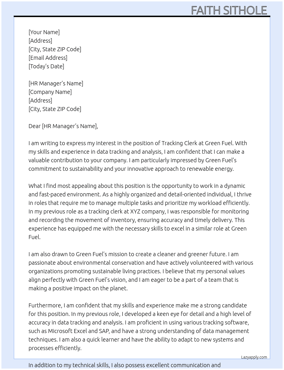 Tracking clerk At Green fuel  Cover Letter