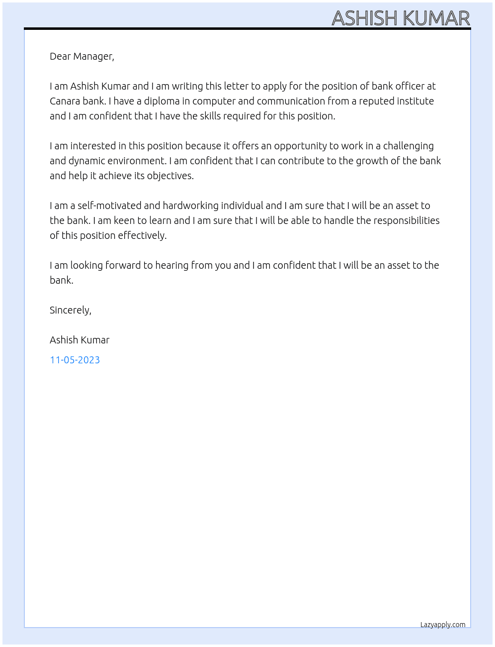 Bank officer  At Canara bank  Cover Letter