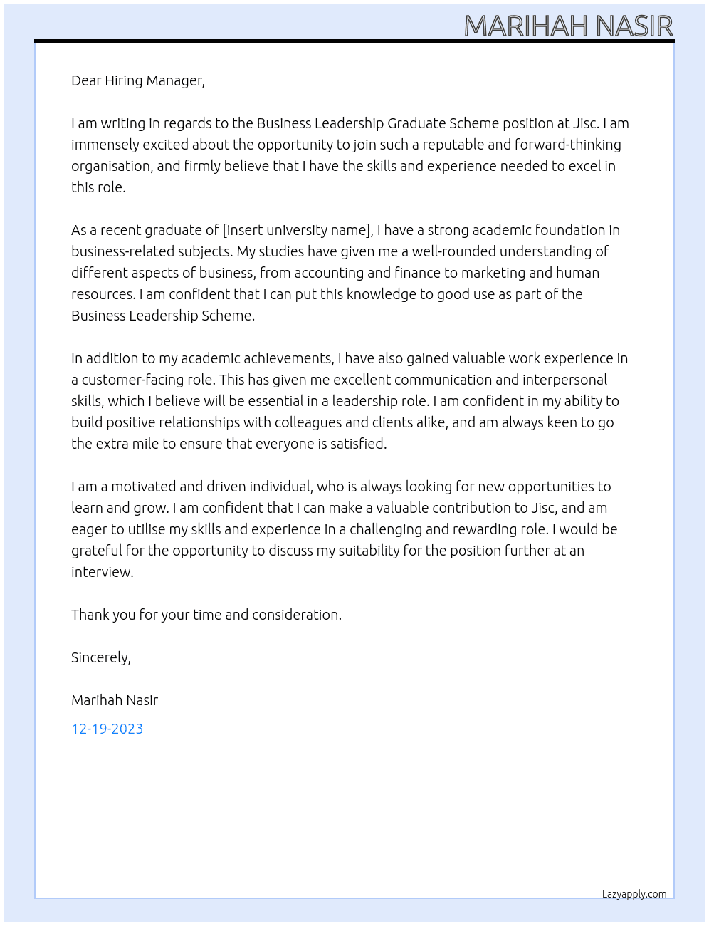 Business Leadership Graduate Scheme At Jisc Cover Letter