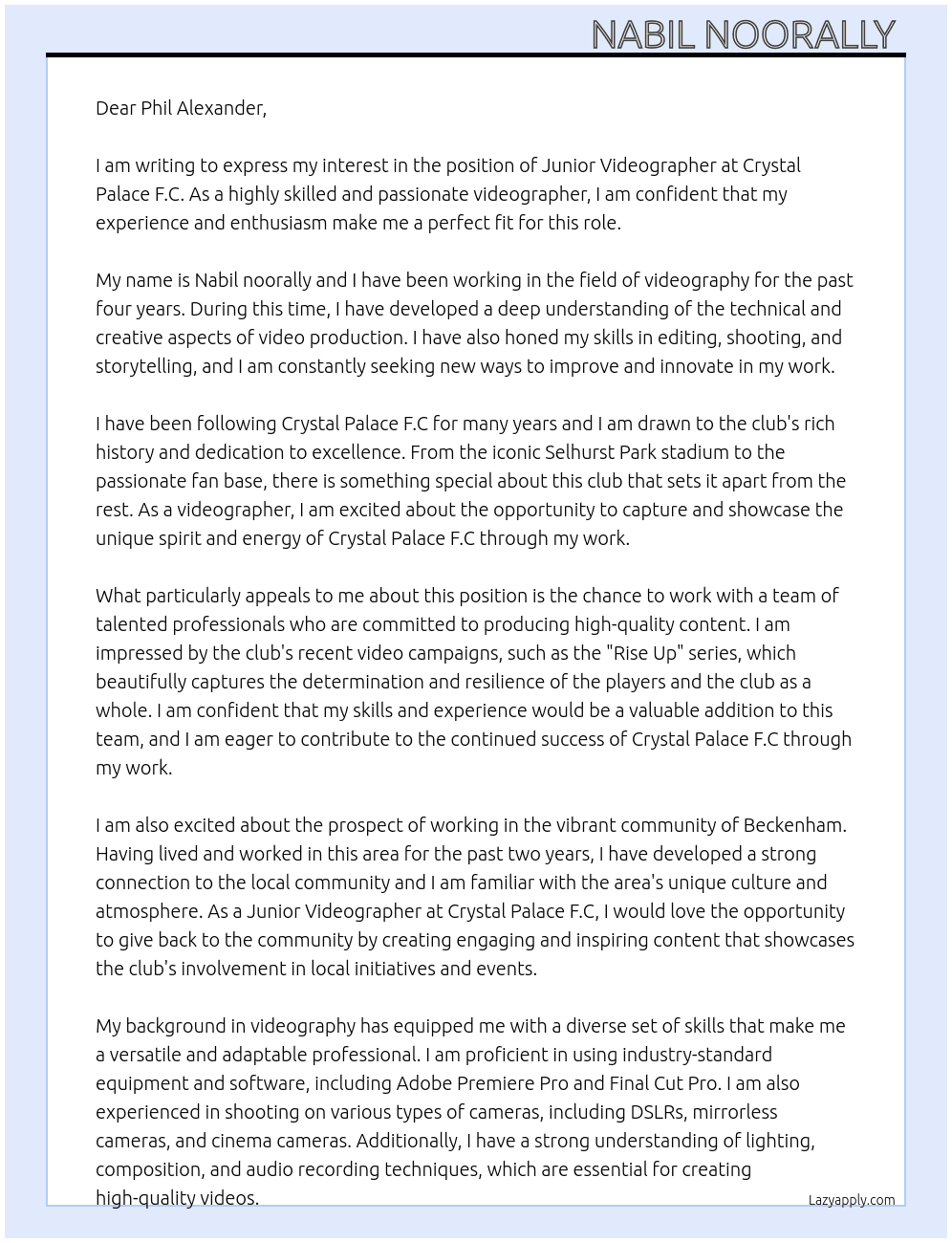 Junior Videographer  At Crystal Palace F.C Cover Letter