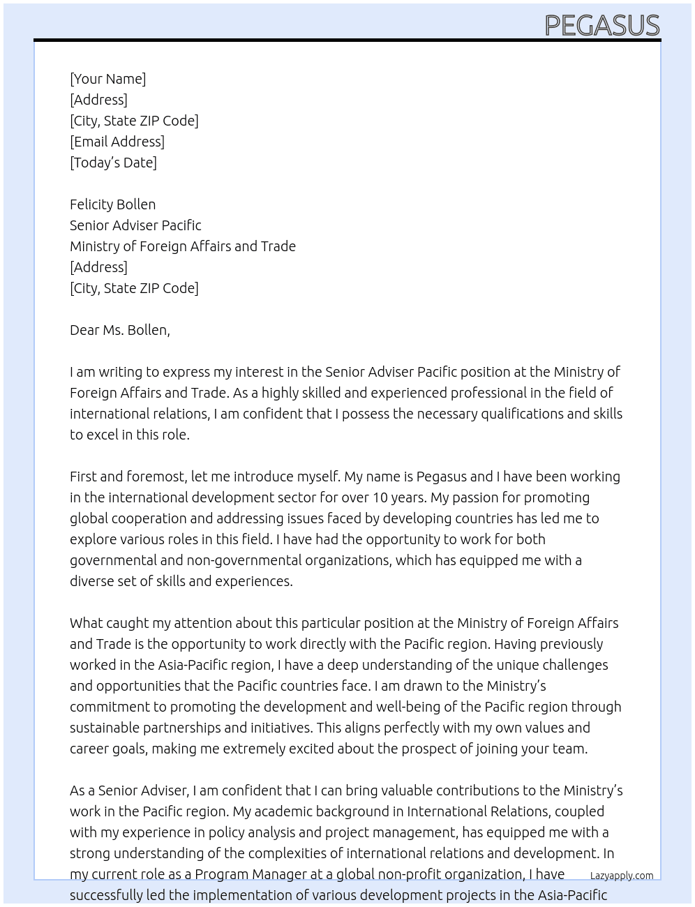Senior Adviser Pacific At Ministry of Foreign Affairs and Trade Cover Letter