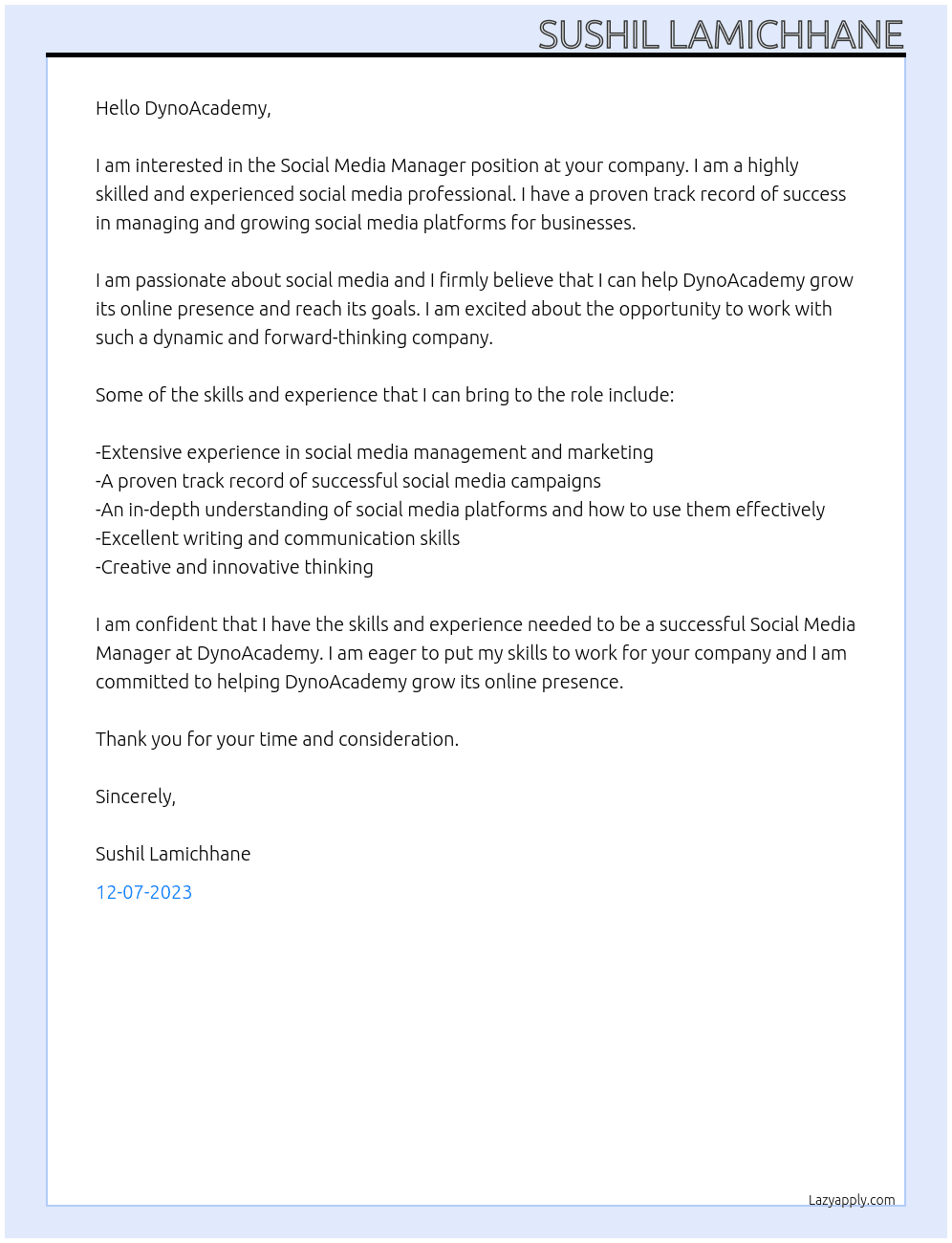 Social Media Manager At DynoAcademy Cover Letter