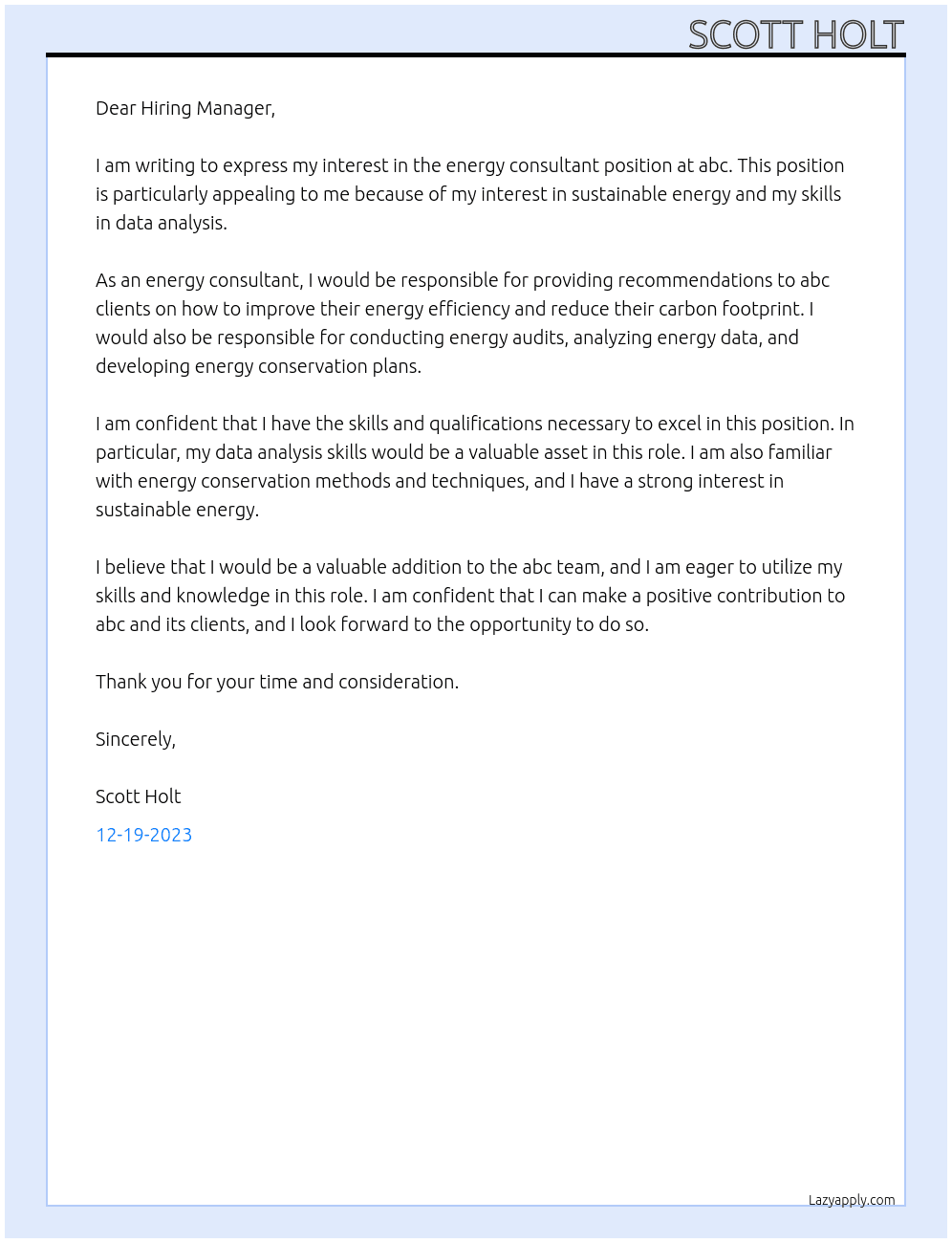 energy consultant At abc Cover Letter