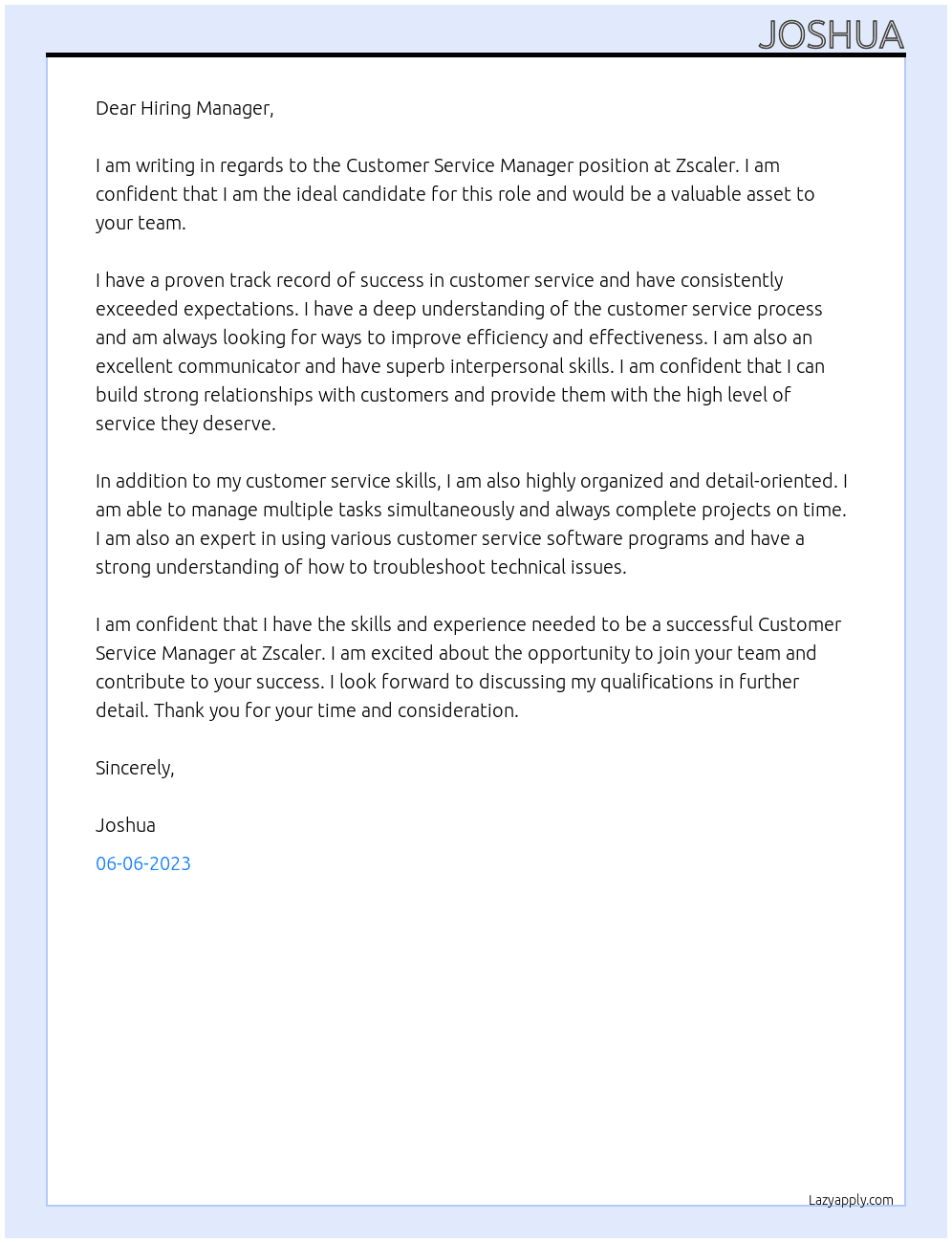 Customer Service Manager At Zscaler Cover Letter