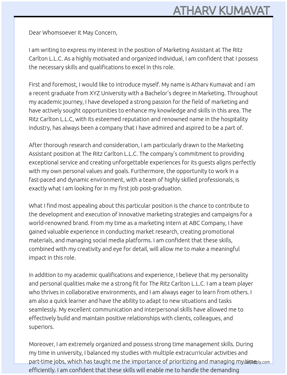 Marketing Assistant  At The Ritz Carlton L.L.C  Cover Letter