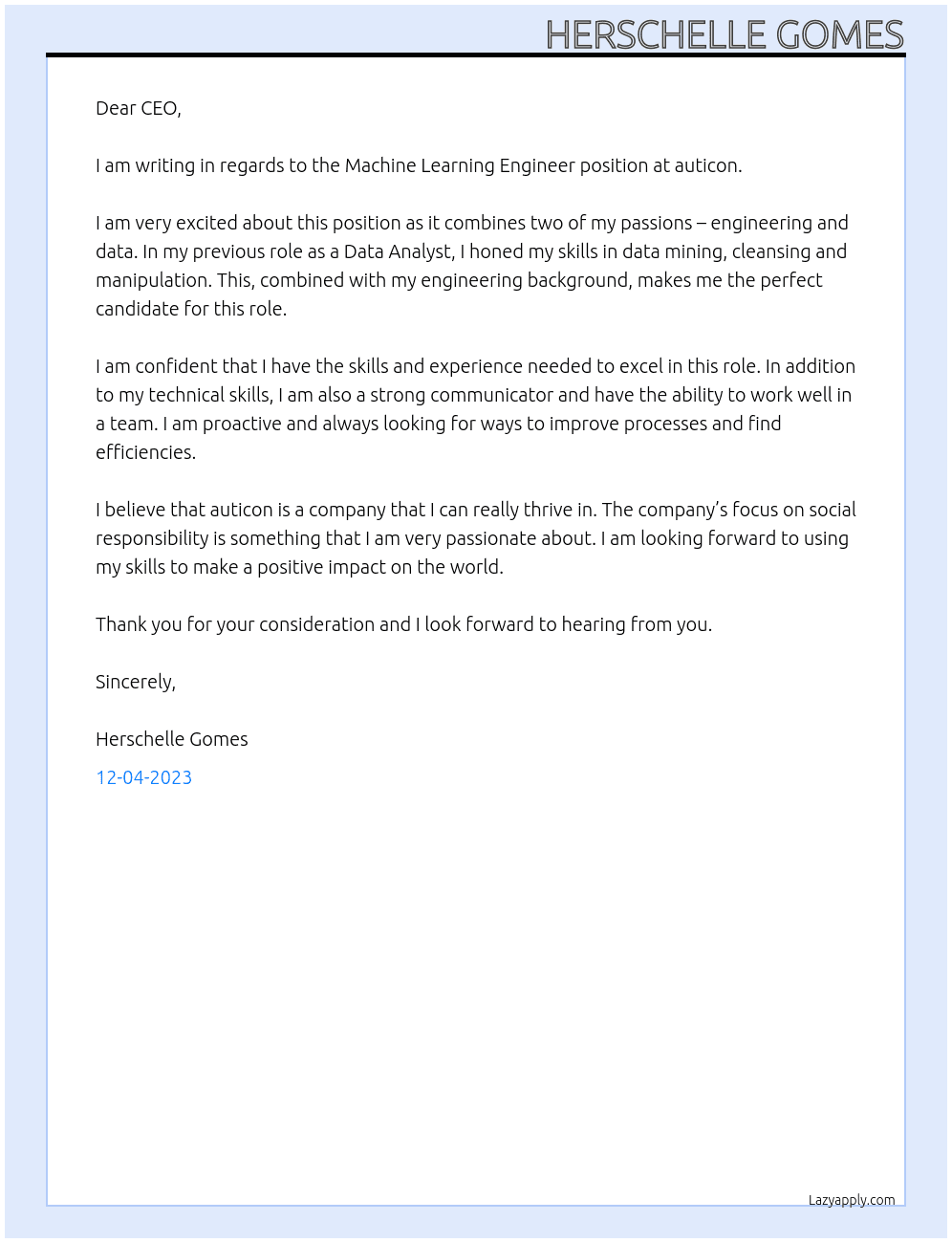 Machine learning Engineer At auticon Cover Letter