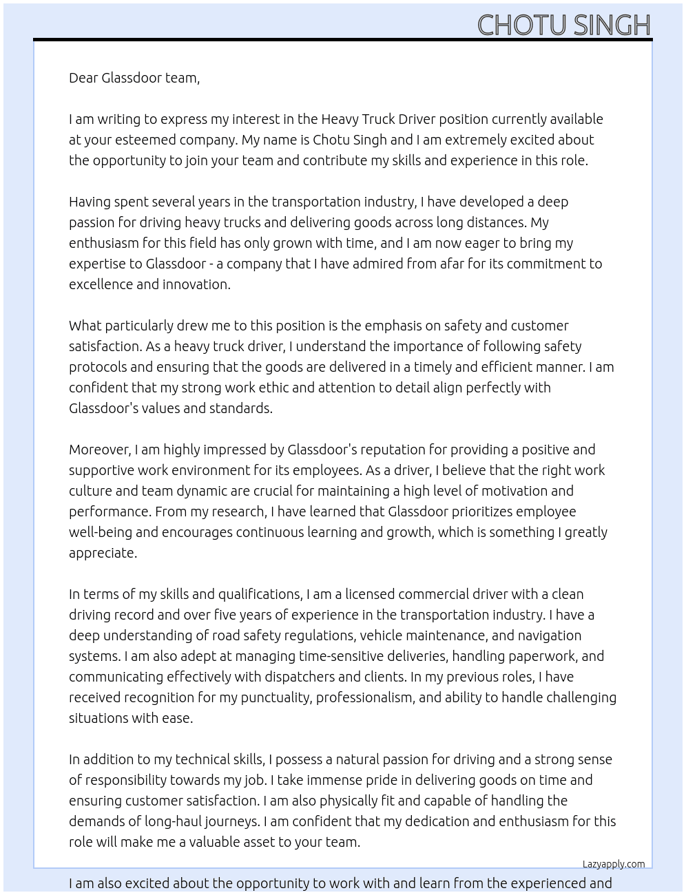 heavy truck driver At Glassdoor Cover Letter