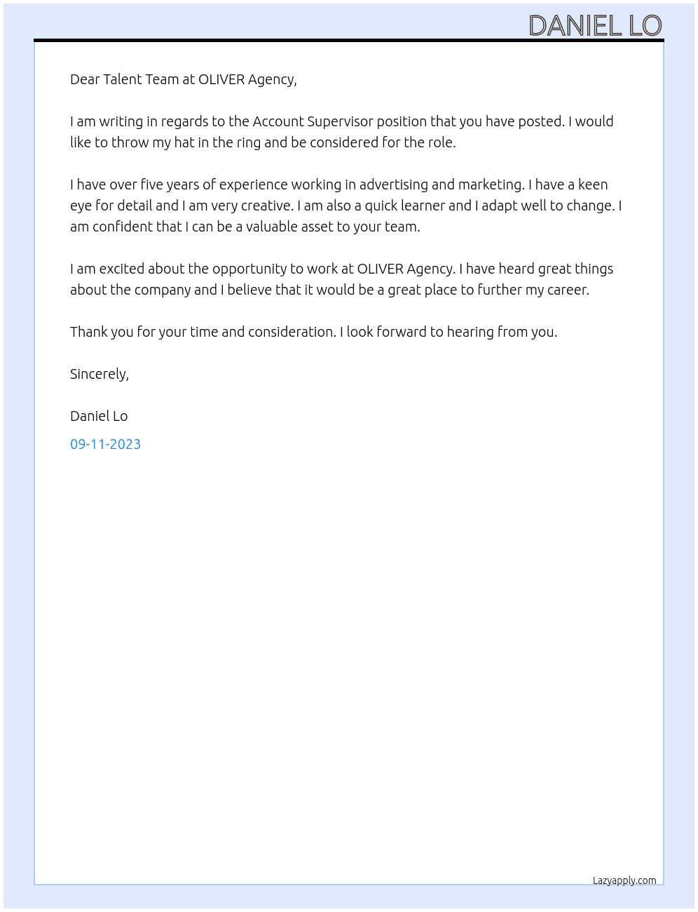 Account Supervisor At OLIVER Agency  Cover Letter