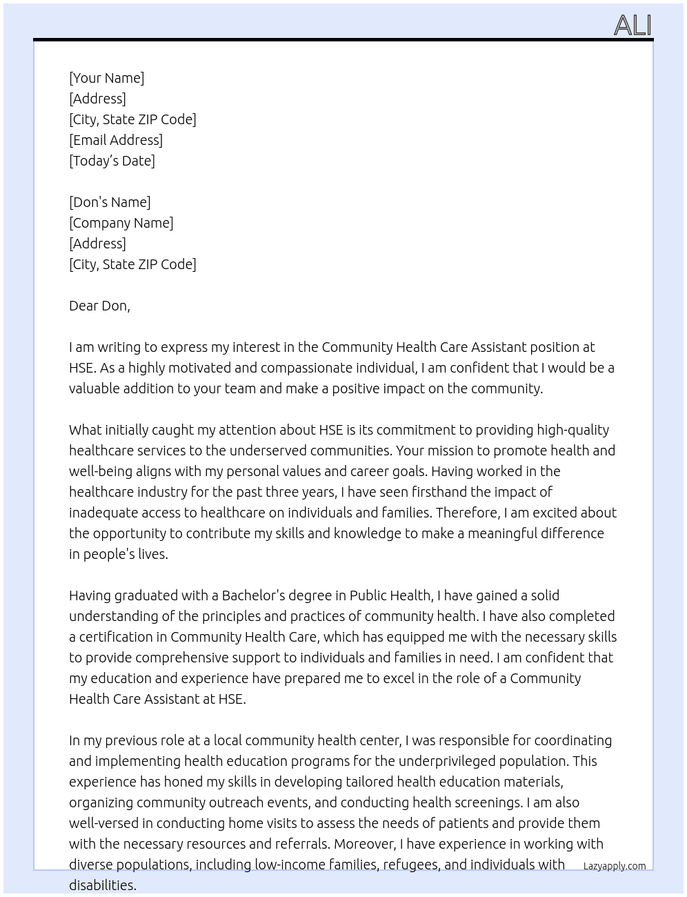 Community health Care Assistant  At HSE Cover Letter