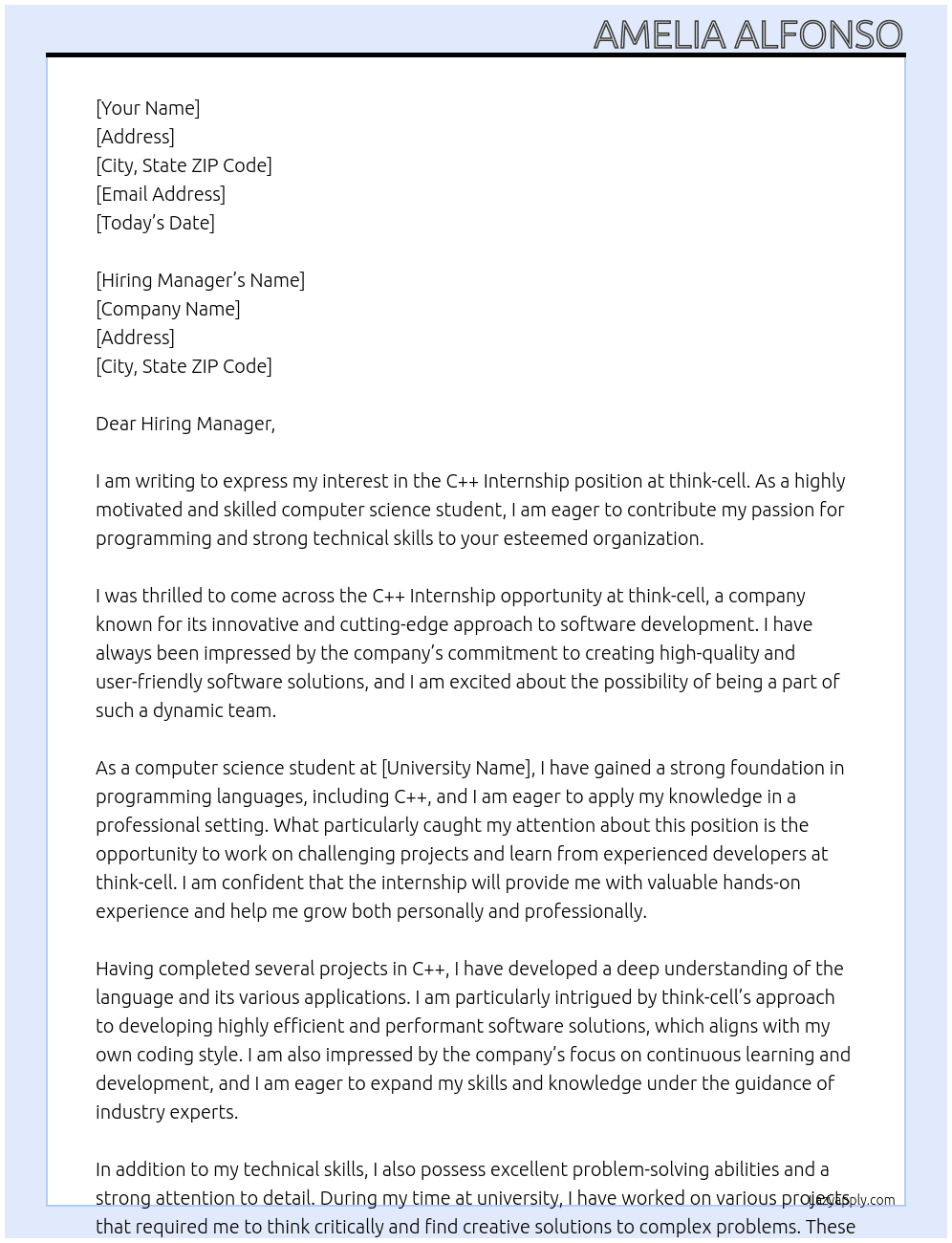 C++ Internship At think-cell Cover Letter