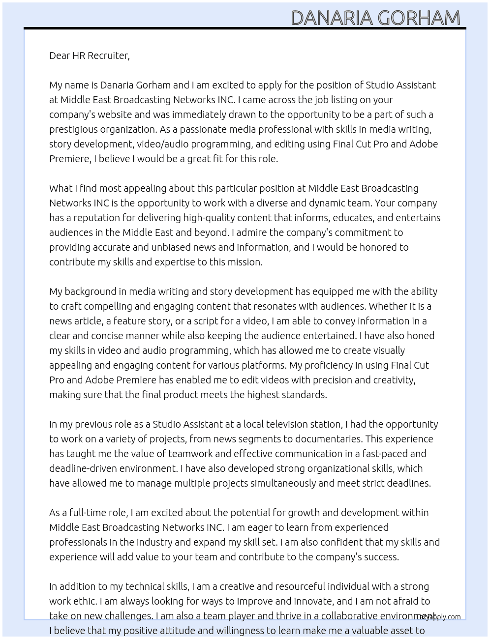 Studio Assistant  At Middle East Broadcasting Nerworks INC.  Cover Letter