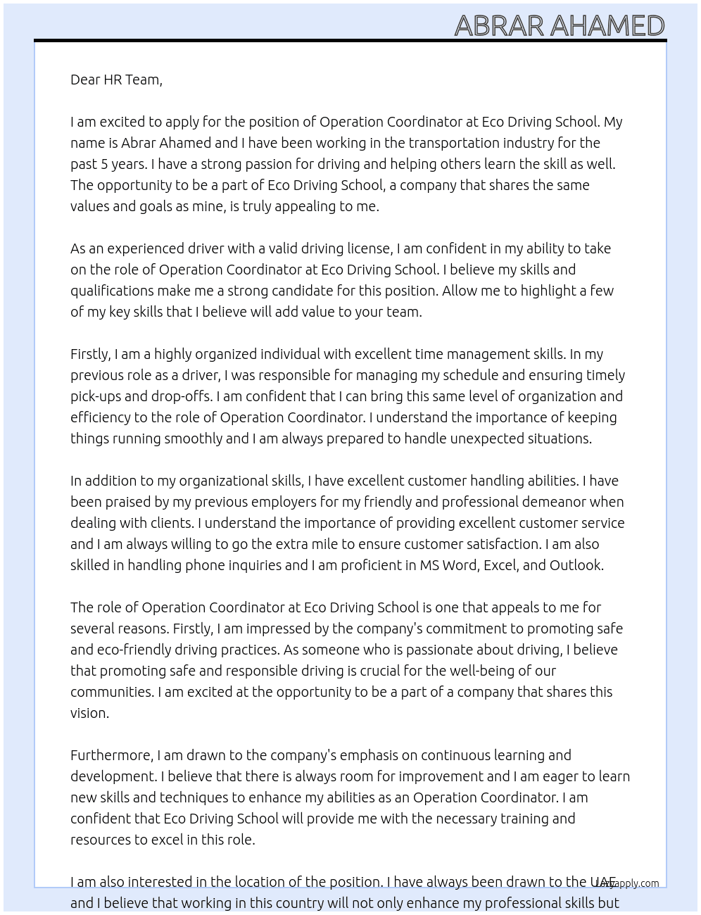 Operation Coordinator At Eco Driving School Cover Letter