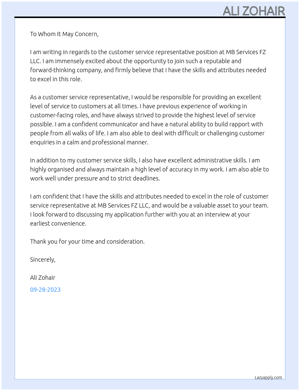 Customer service representative  At MB services FZ LLc Cover Letter