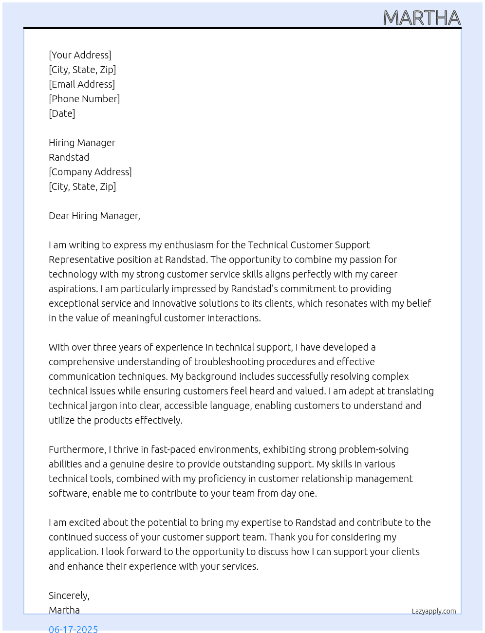 Technical Customer Support Representative At Randstadt Cover Letter