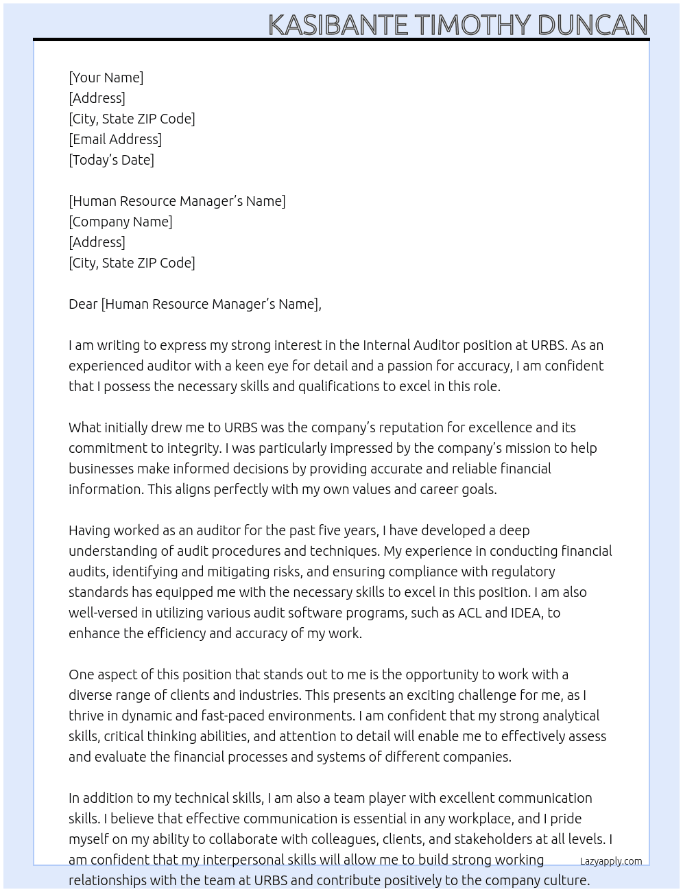 Internal Auditor At URBS Cover Letter