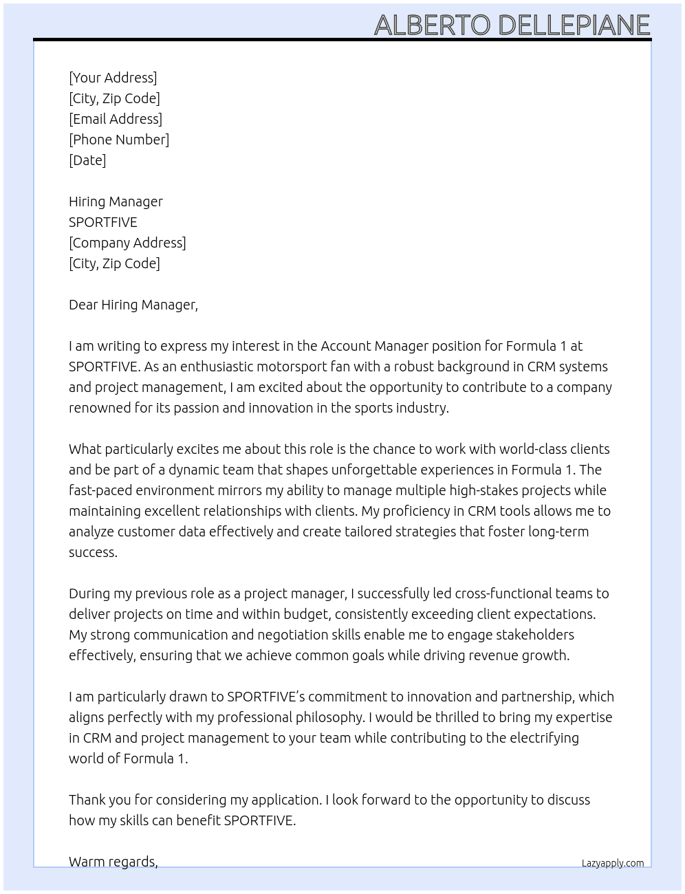 Account Manager Formula 1 At SPORTFIVE Cover Letter