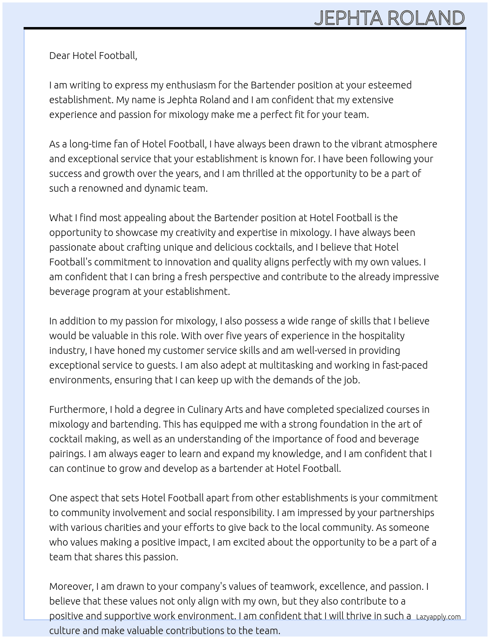 Bartender At HOTEL FOOTBALL Cover Letter
