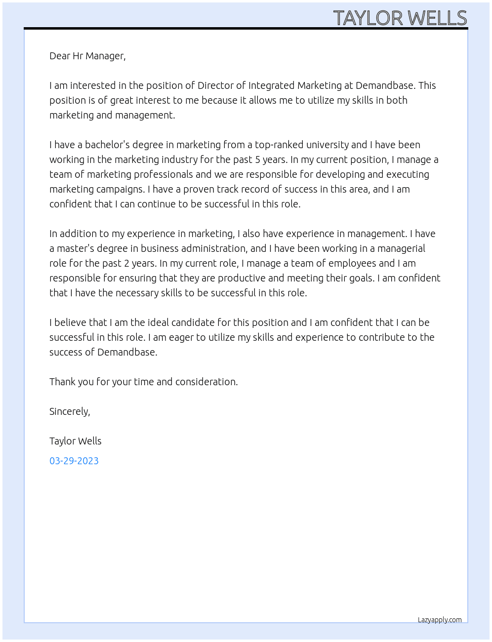 Director of Integrated Marketing At Demandbase Cover Letter