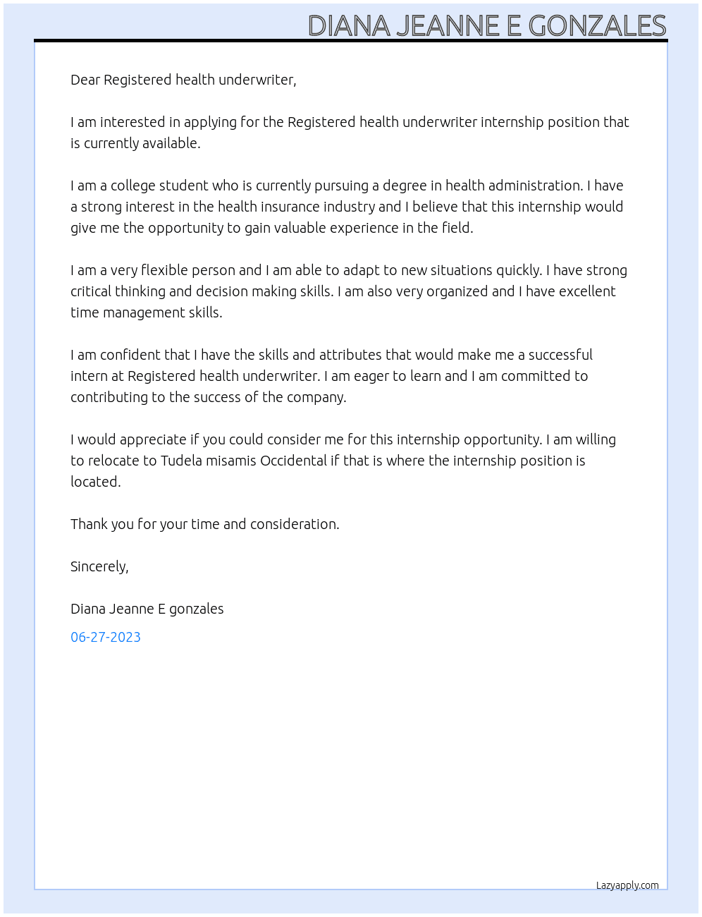 Registered health underwriter internhip At Registered health underwriter  Cover Letter