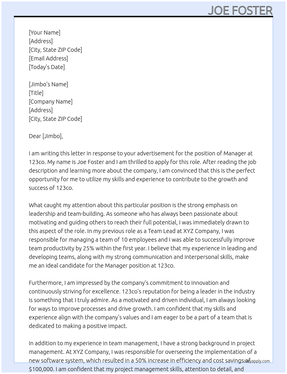 Manager At 123co Cover Letter