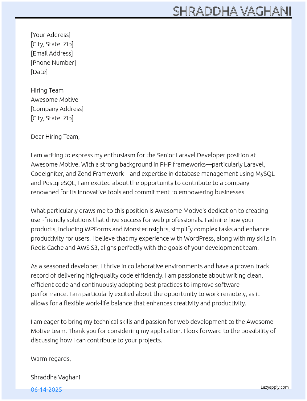 Senior Laravel Developer At Awesome Motive Cover Letter