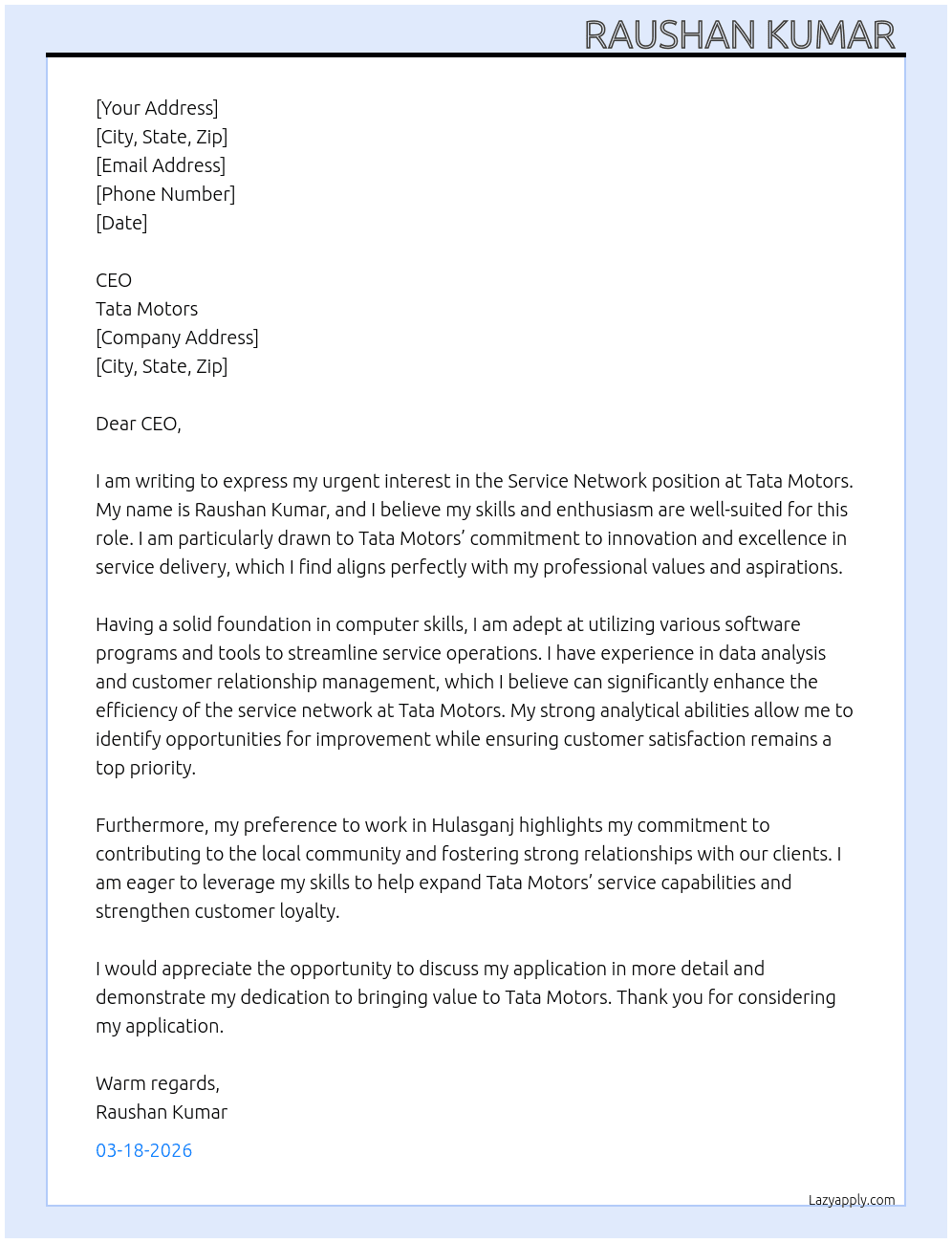 Cover letter for service network - LazyApply