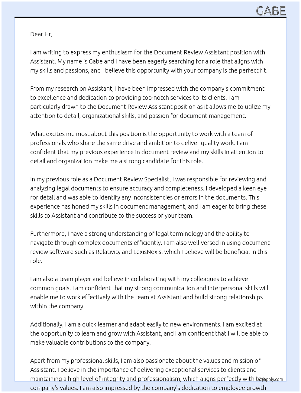 Document Review Assistant At Assistant  Cover Letter