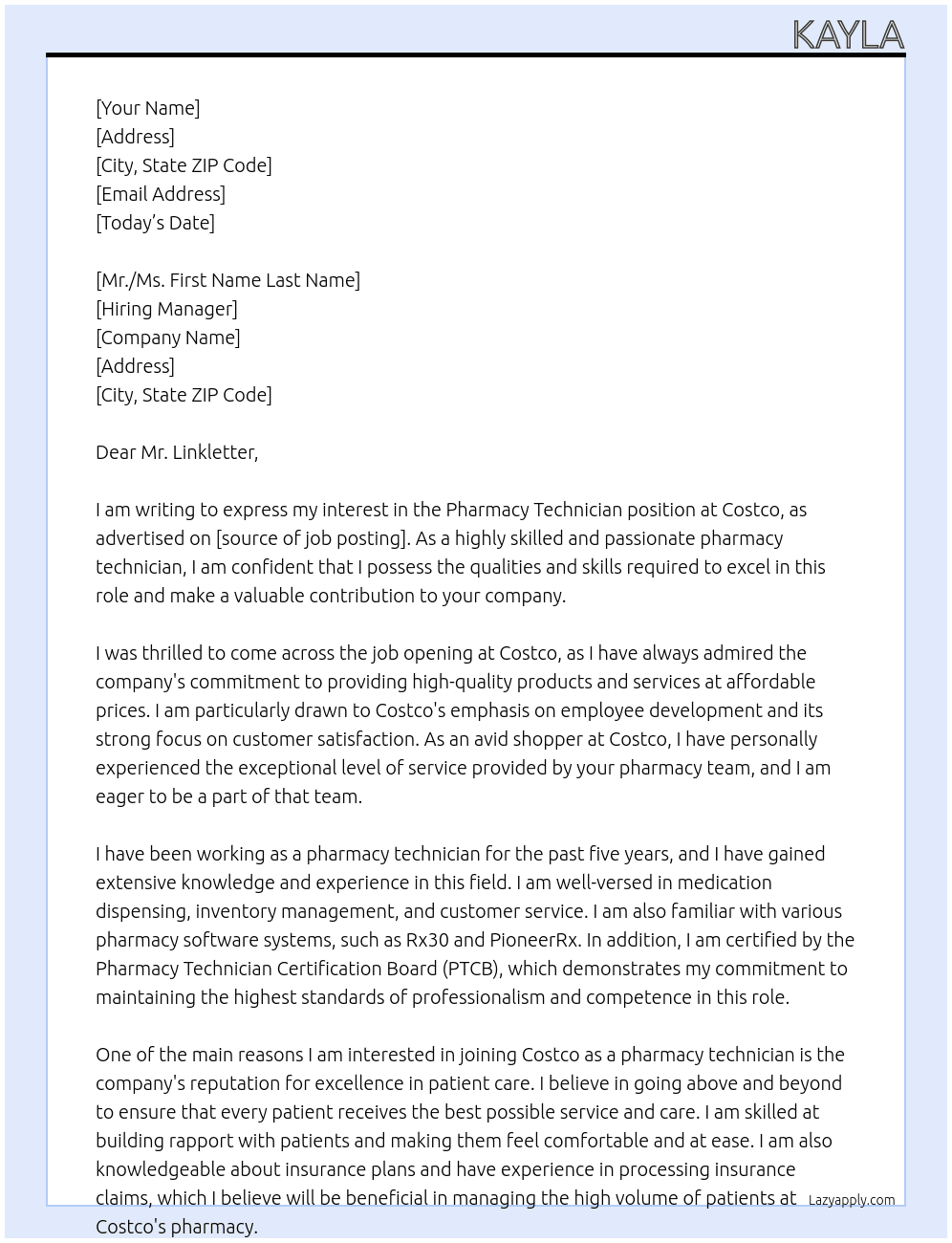 Pharmacy Technician At Costco Cover Letter