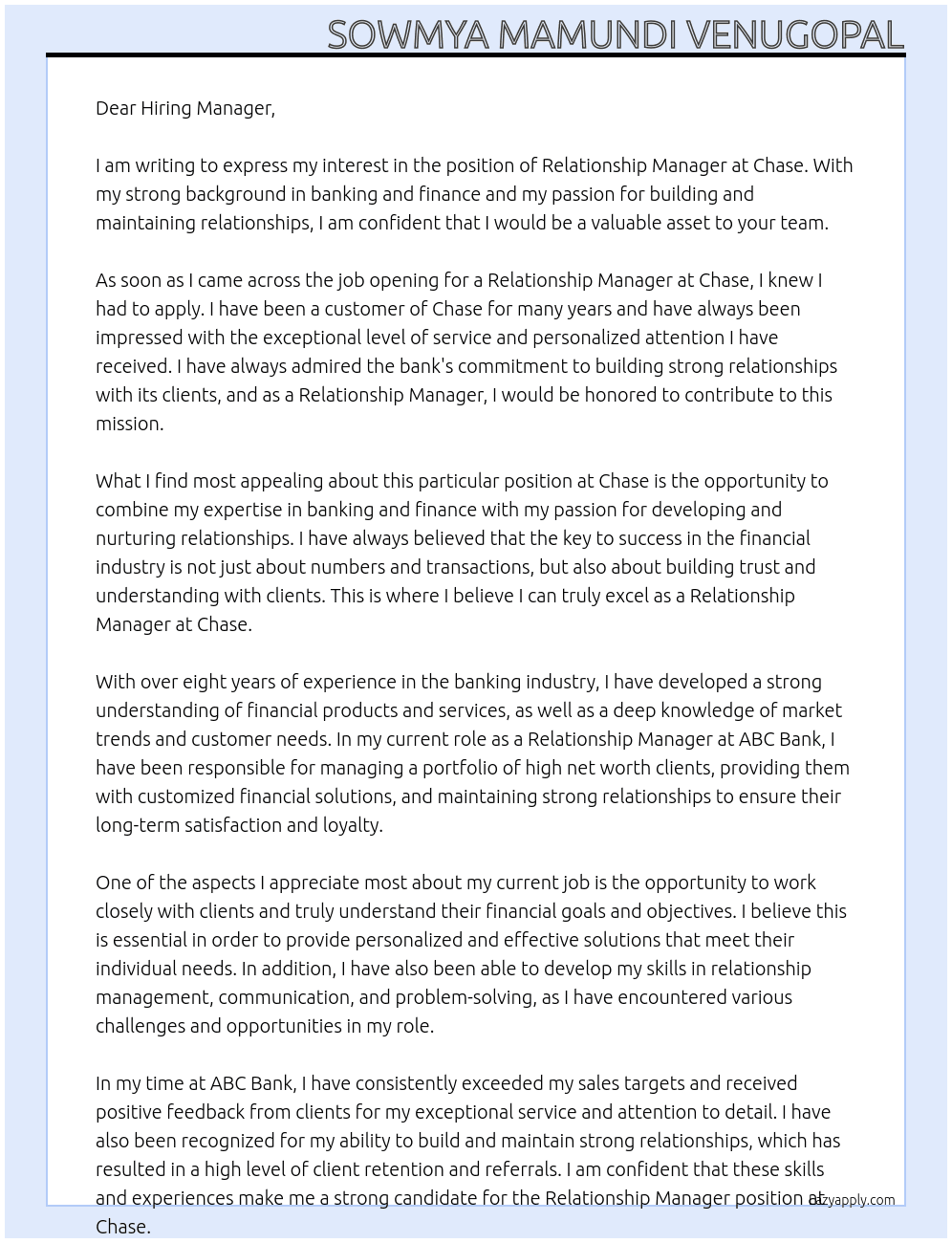 Relationship Manager At chase Cover Letter