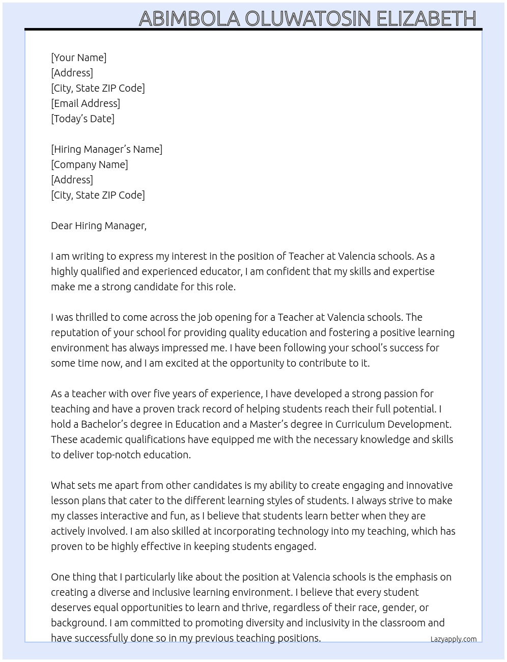 Teacher At Valencia schools Cover Letter