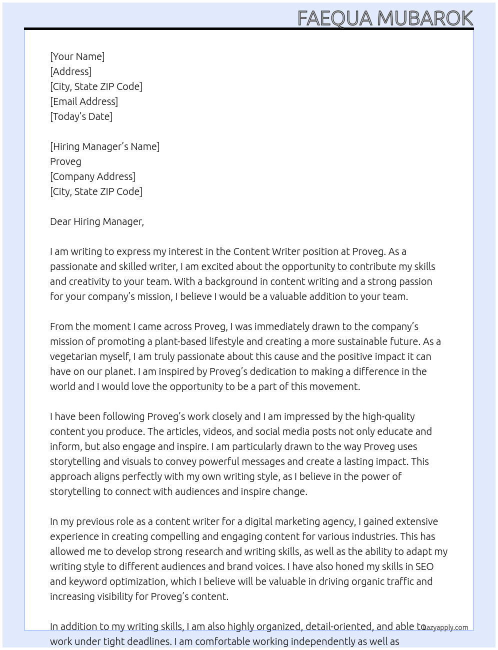 Content writer  At Proveg Cover Letter