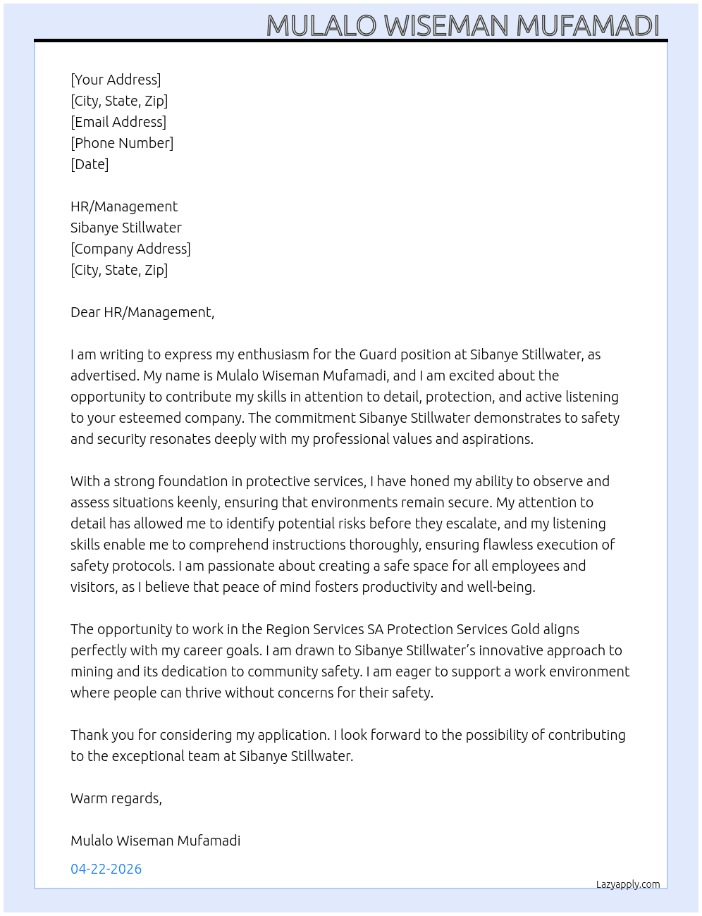 Guard At Sibanye Stillwater  Cover Letter