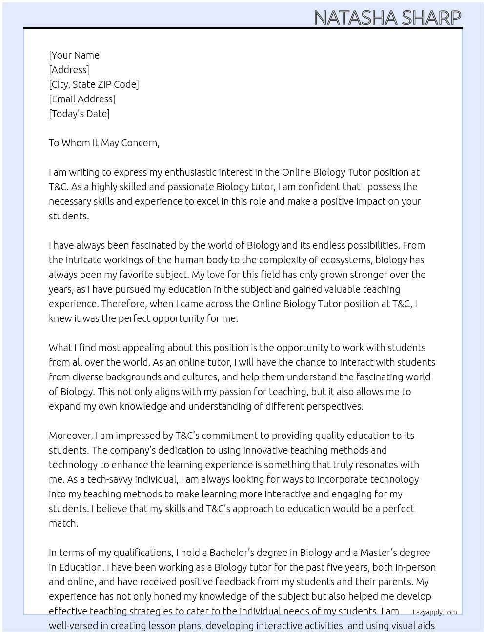 Online Biology Tutor At T&C Cover Letter