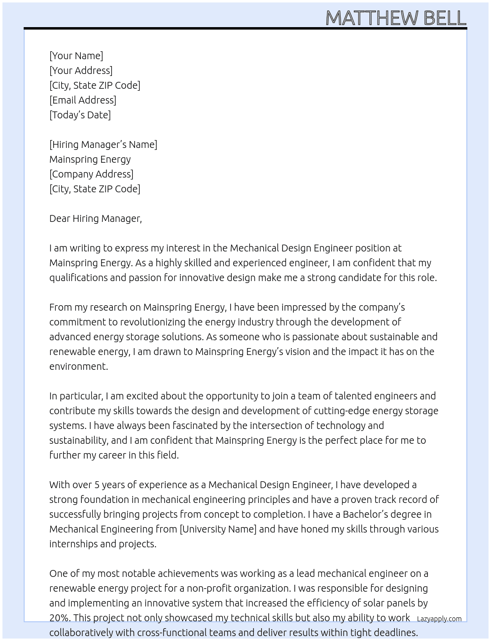 Mechanical Design Engineer At Mainspring Energy Cover Letter