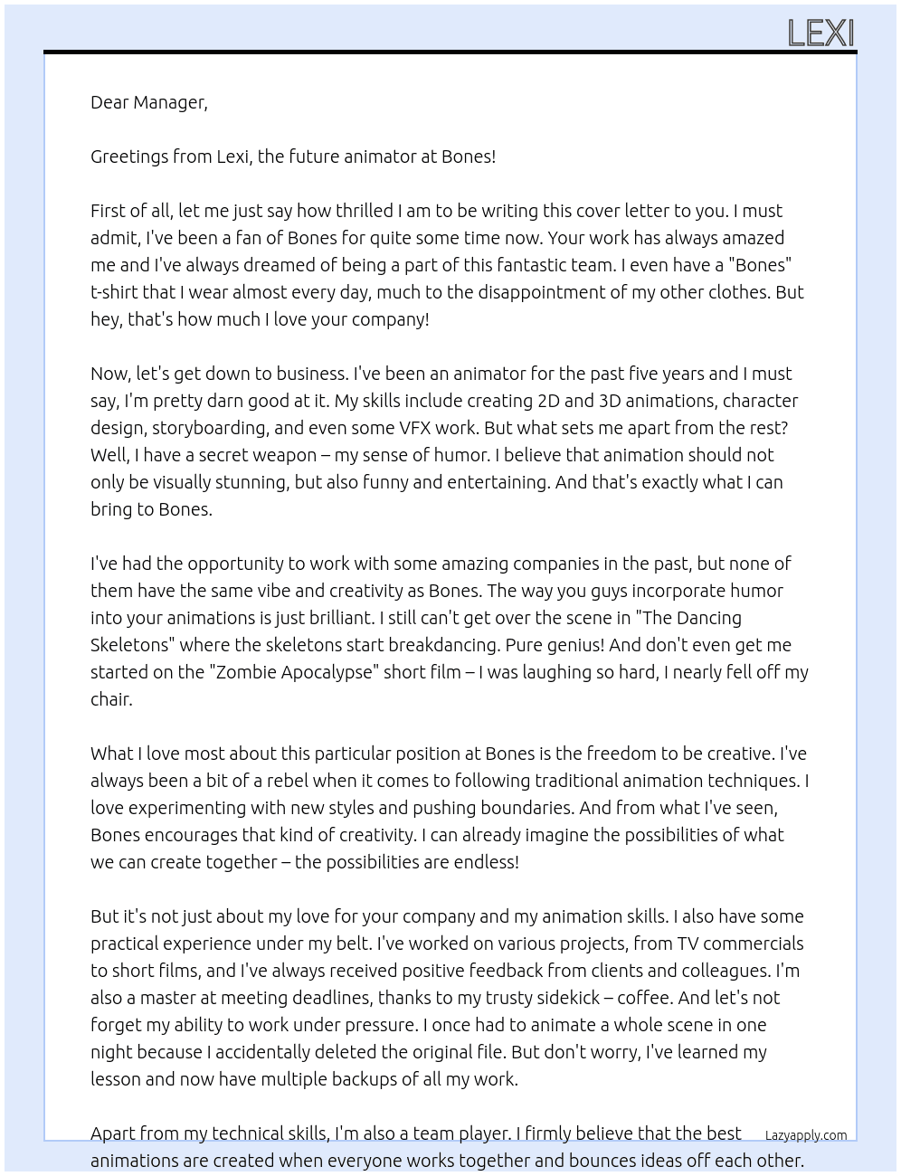 animator  At Bones Cover Letter