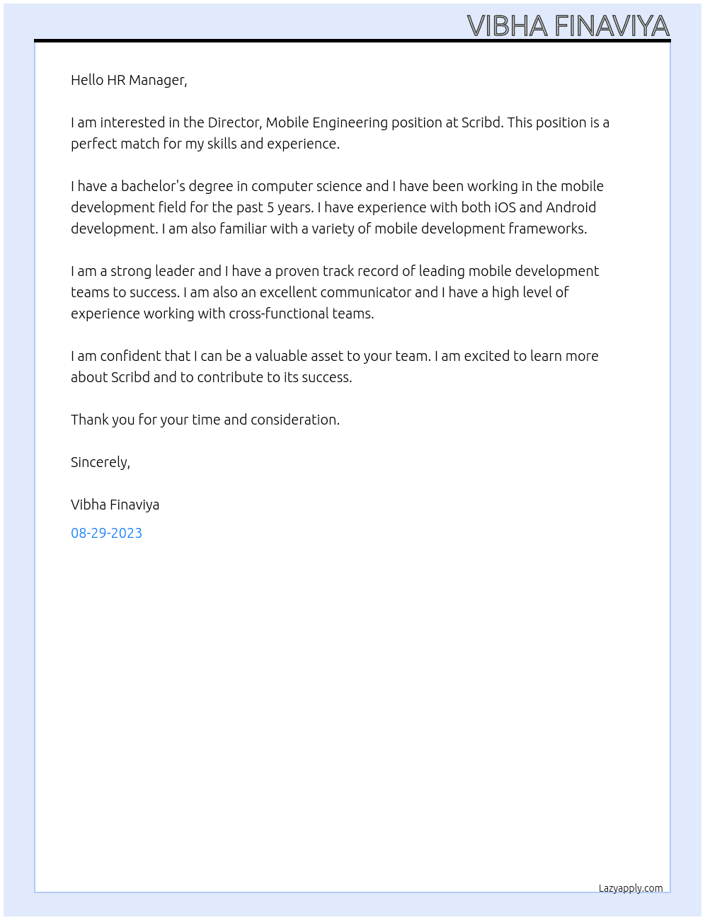 Director, Mobile Engineering At Scribd Cover Letter