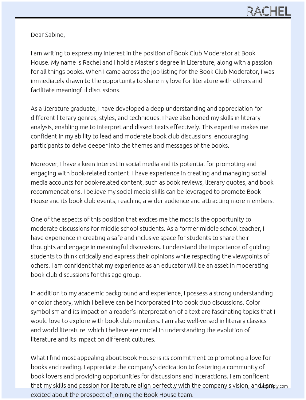 Book Club Moderator At Book House Cover Letter