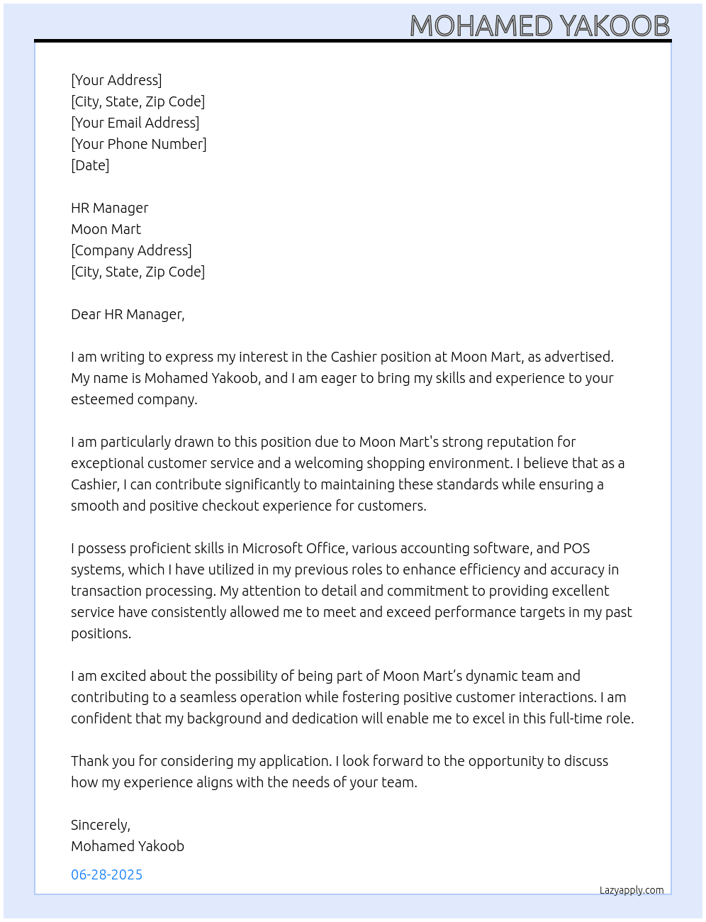 CASHIER At Moon Mart Cover Letter