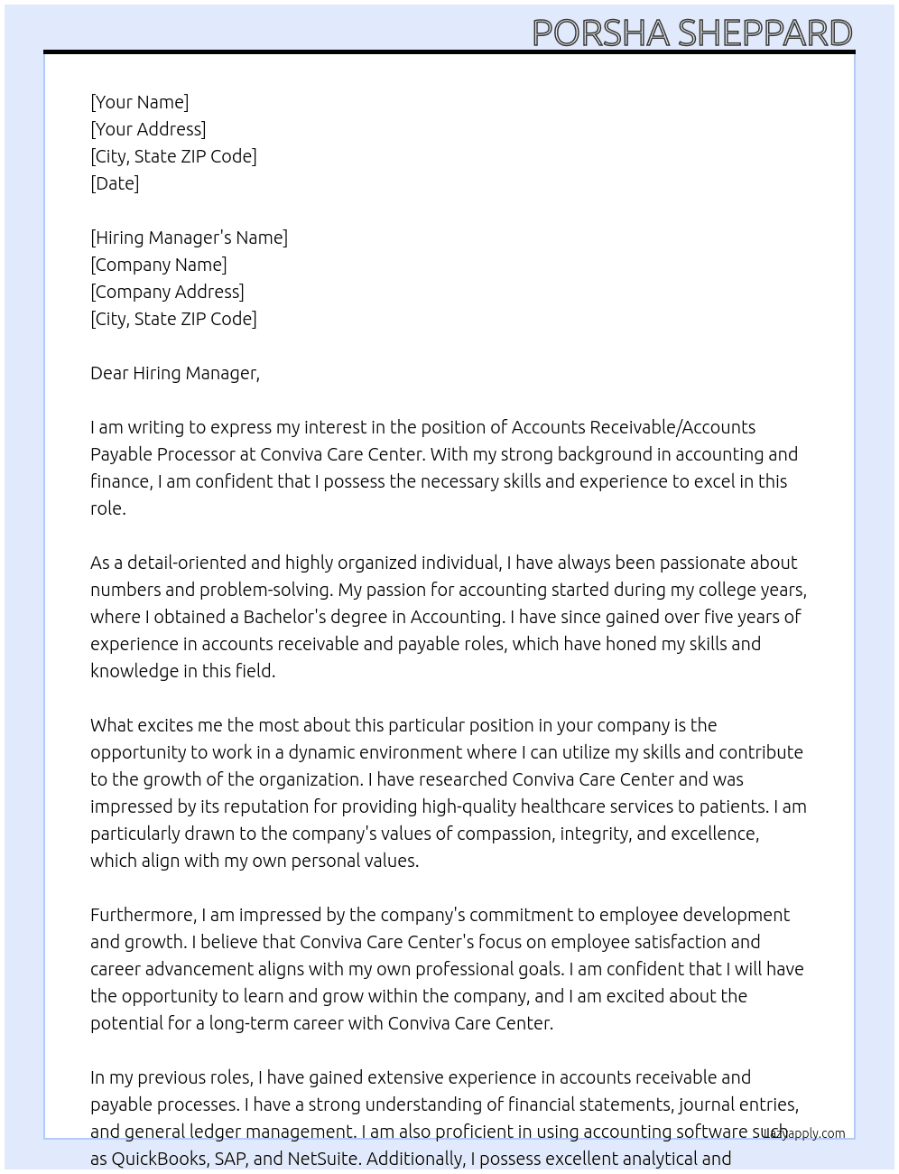 The Accounts Receivable/Accounts Payable Processor At Conviva Care Center Cover Letter