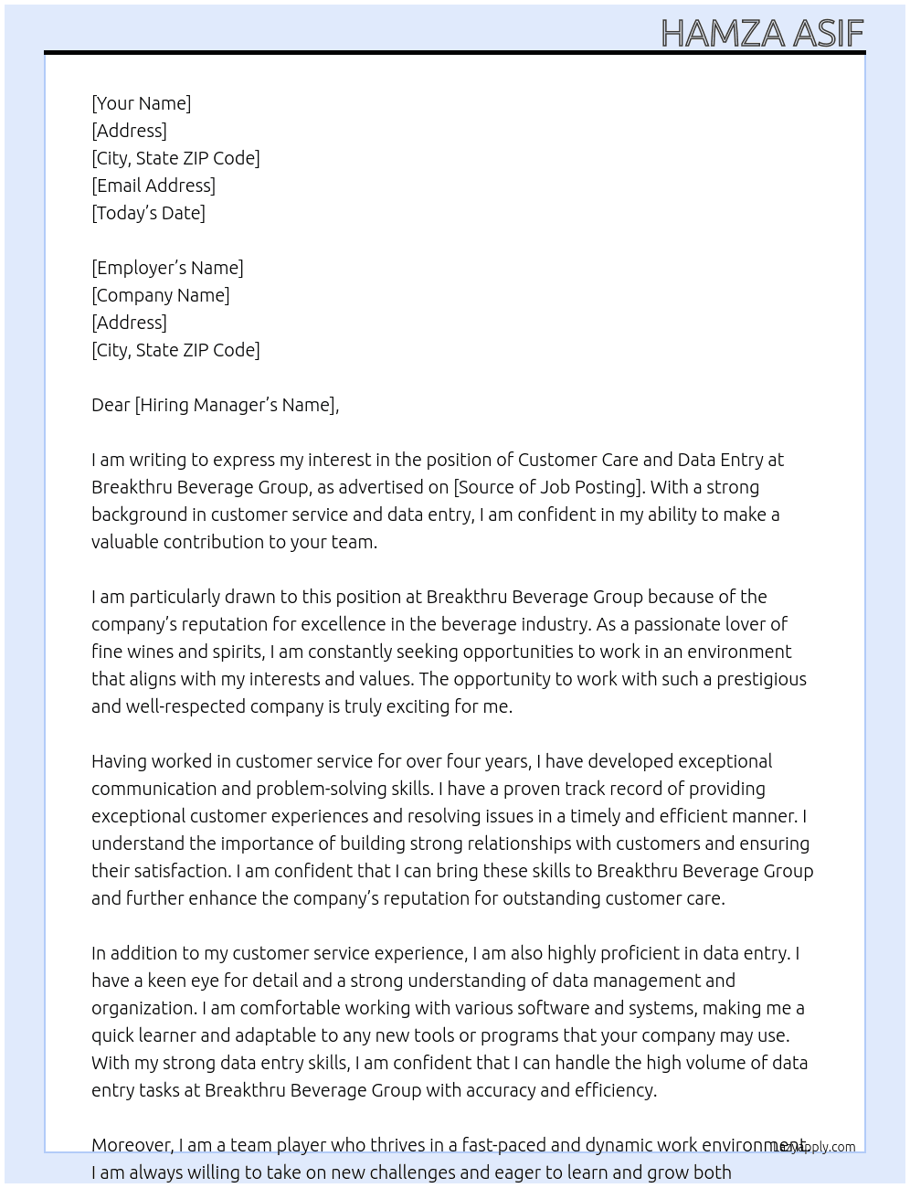 customer care and data entry At Breakthru Beverage Group Cover Letter