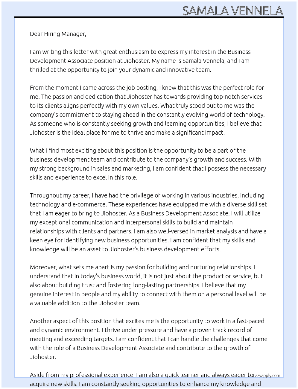business development associate At jiohoster Cover Letter