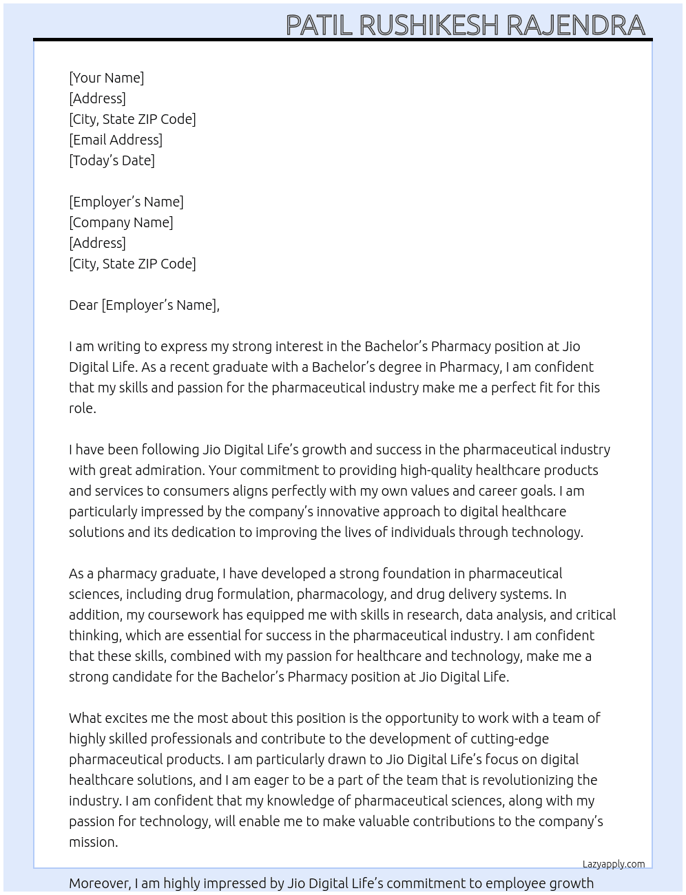 Bachelor's pharmacy  At Jio digital life Cover Letter