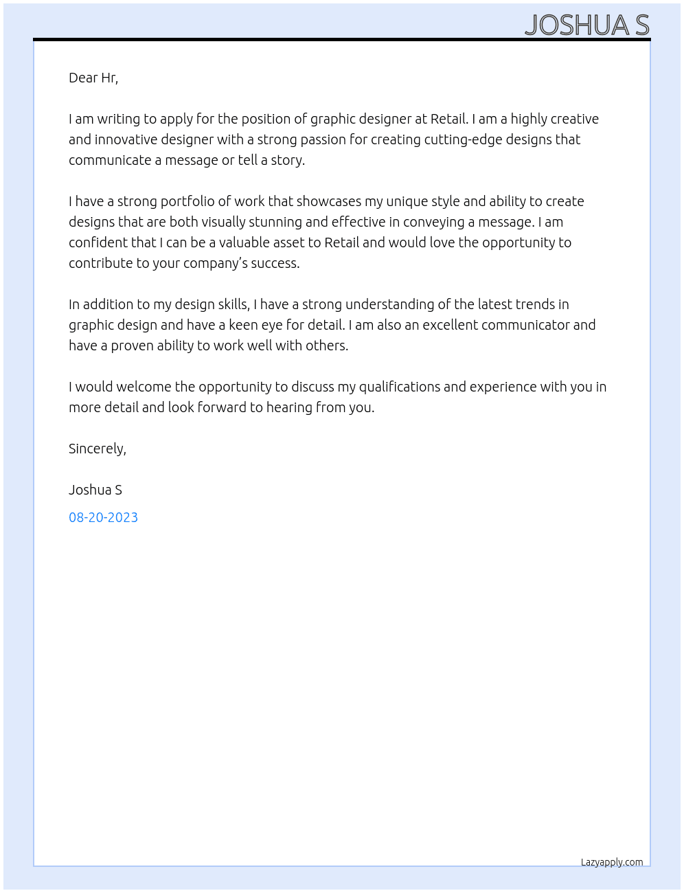 Graphic designer  At Retail Cover Letter