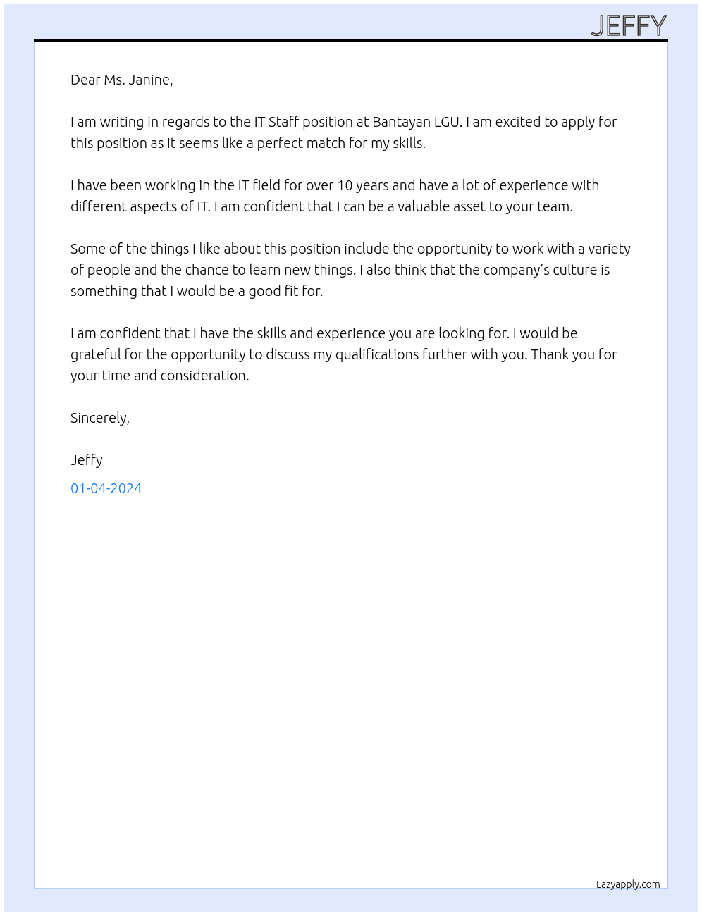 IT Staff At Bantayan LGU Cover Letter