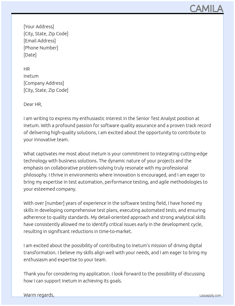 Senior Test Analyst At Inetum Cover Letter