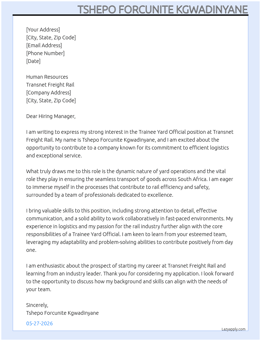 Cover letter for trainee yard official - LazyApply