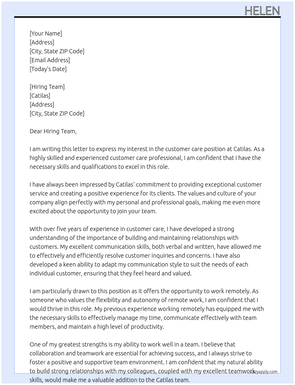 customer care At Catilas Cover Letter