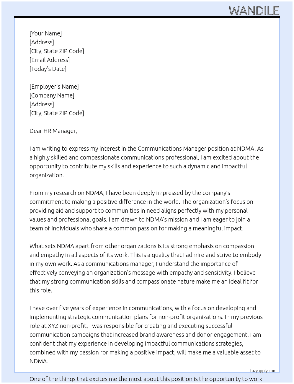  communications manager At NDMA Cover Letter