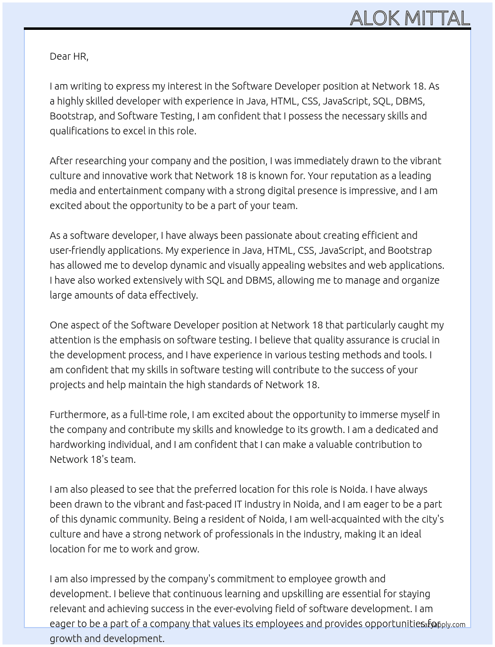 Software Developer  At Network 18 Cover Letter